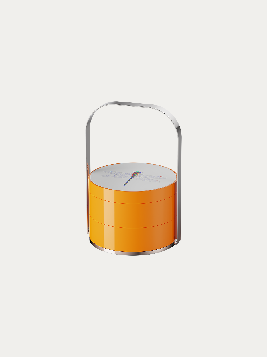 Dragonfly yellow double-layer lidded storage box official shot on plain off-white background, stacked cylindrical shape, full transparent bright orange high-gloss lacquer, colorful hand-drawn dragonfly print on white lid, integrated curved 304 stainless steel carrying frame