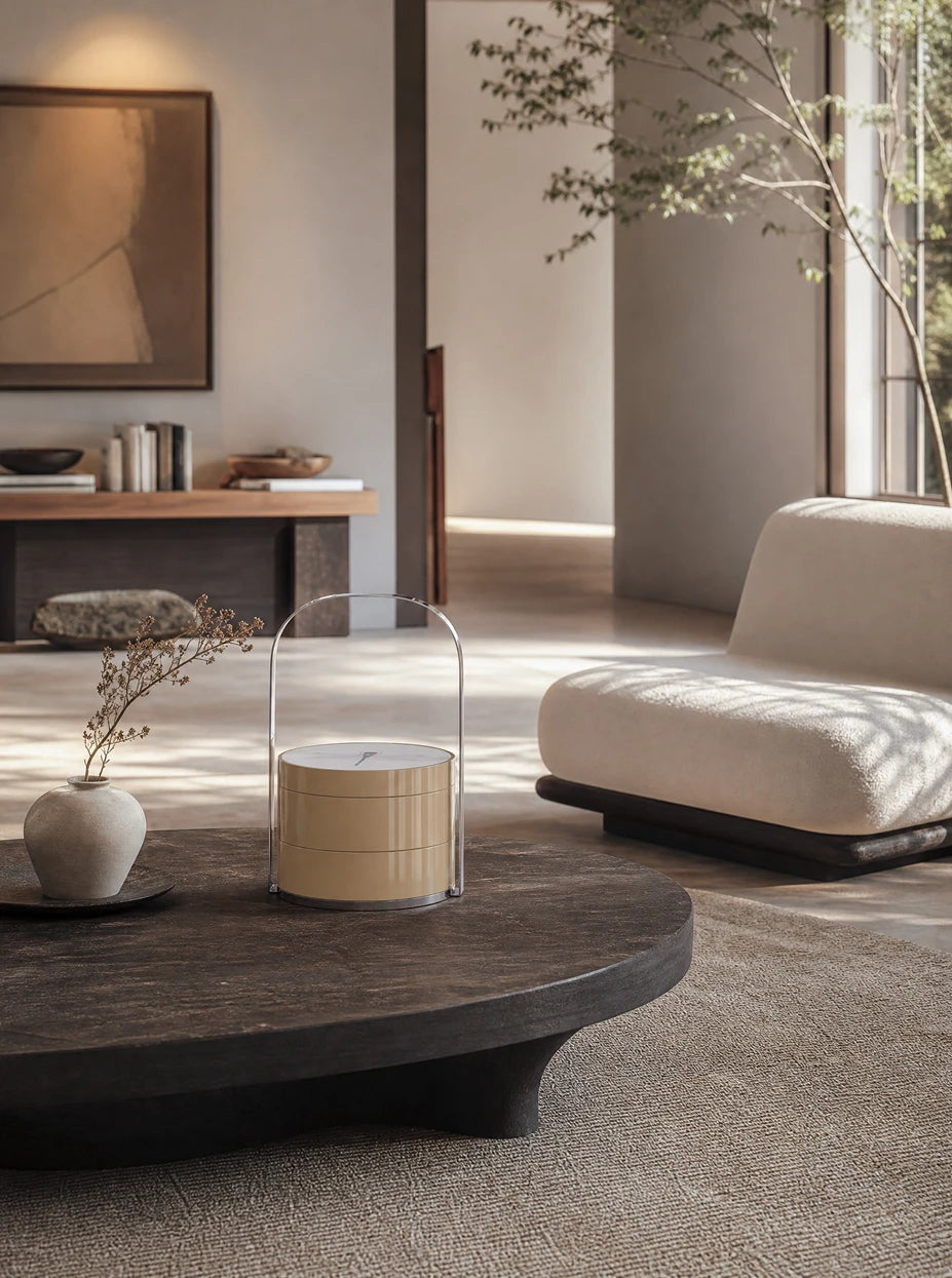 Wide full-view cream minimalist living furnishing shot of khaki double storage basket on dark solid wood coffee table beside floor window greenery