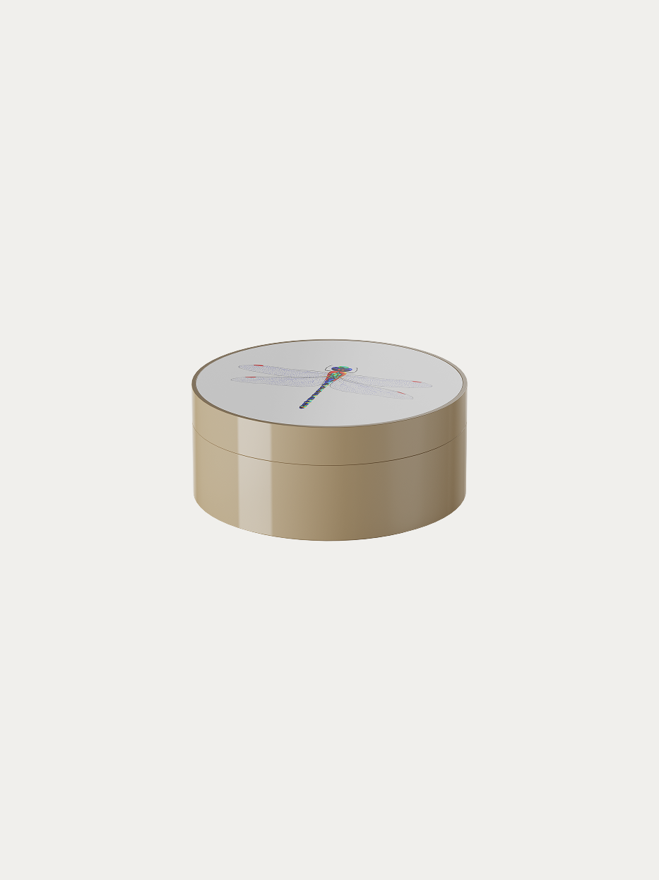 Dragonfly khaki single round storage box official shot on plain off-white background, short rounded cylinder shape, soft low-saturation khaki matte lacquer body, delicate hand-drawn dragonfly illustration on white lid, cross four-compartment inner tray