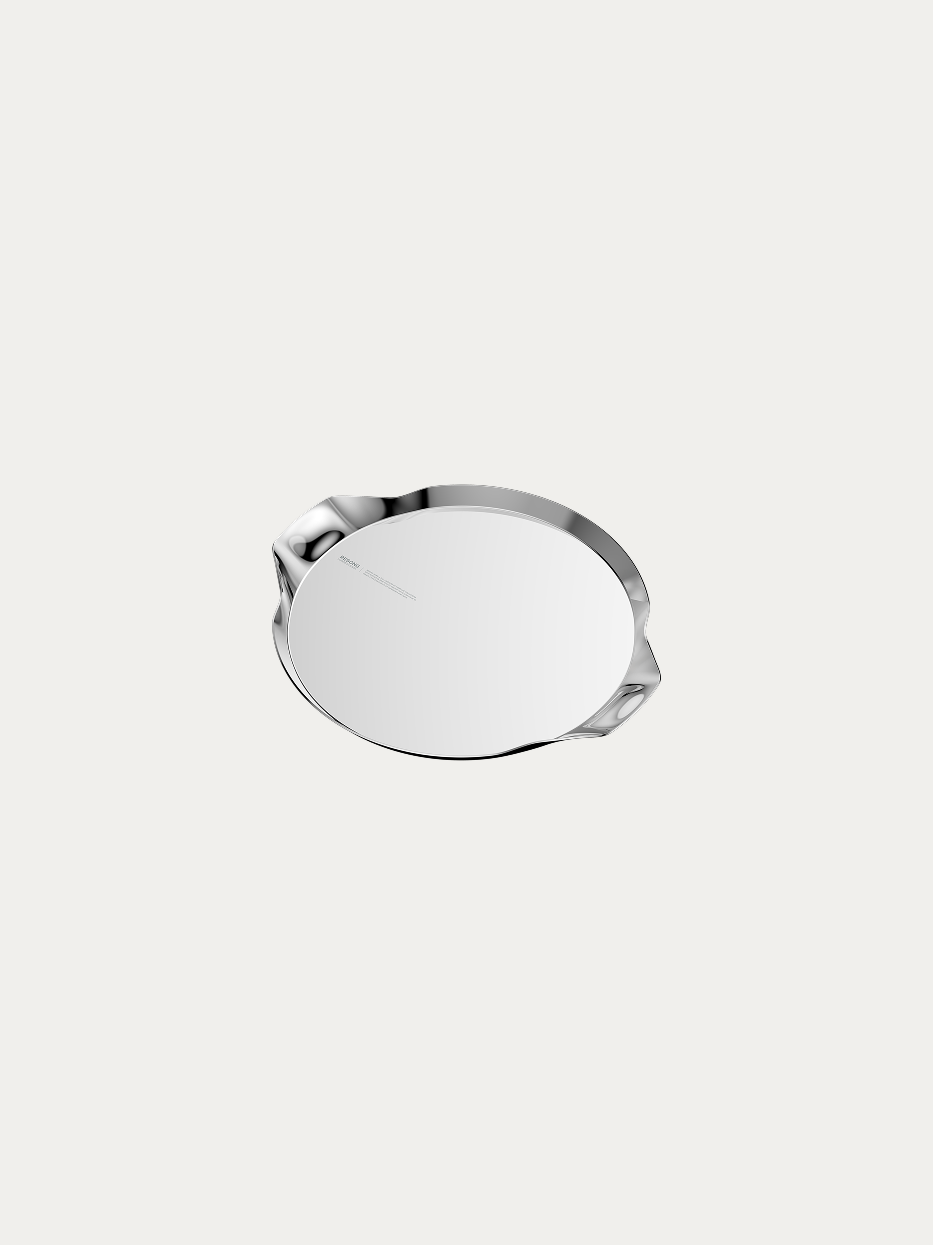 RESONG HD Round Tray with Handle L official shot on plain off-white background, one-piece stretched multi-layer mirror high-polish 304 stainless steel, large symmetrical curved built-in handles, widened large-capacity shallow multi-purpose display tray