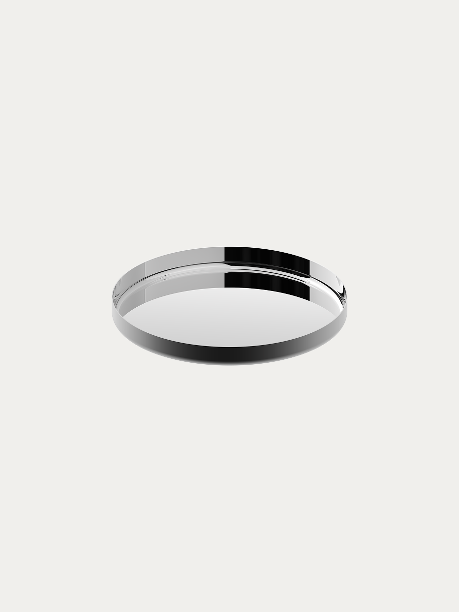 RESONG HD Stainless Steel Round Tray official shot on plain off-white background, one-piece stretched multi-layer mirror high-polish 304 stainless steel, shallow round elevated rim minimalist light luxury round display tray