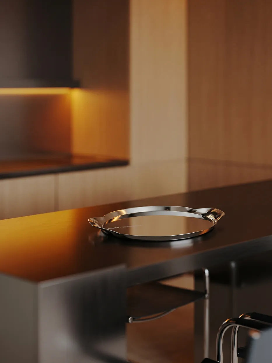 HD Round Tray with Handle - L, polished stainless steel serving tray, luxury metal decorative tray for kitchen countertop