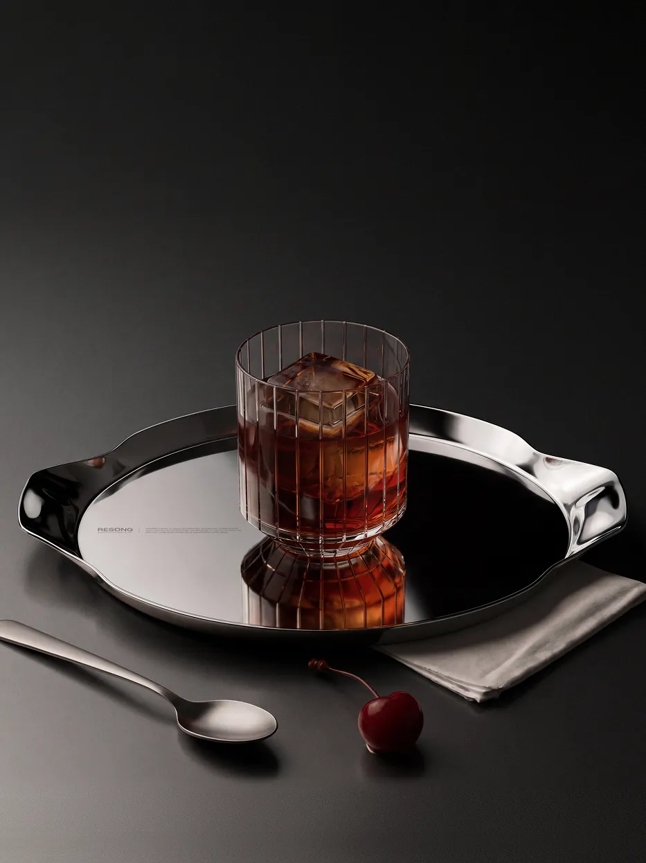 HD Round Tray with Handle - L, mirror polished stainless steel serving tray, bar decor tray matched with whiskey tumbler