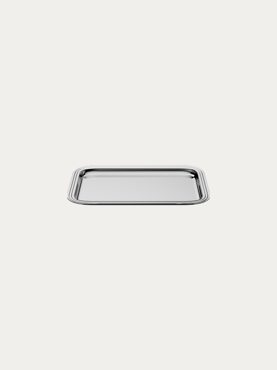 RESONG HD Stainless Steel Small Rectangular Tray official shot on plain off-white background, one-piece stretched multi-layer mirror high-polish 304 stainless steel, double-layer stepped wrapped edge rounded corner mini display tray