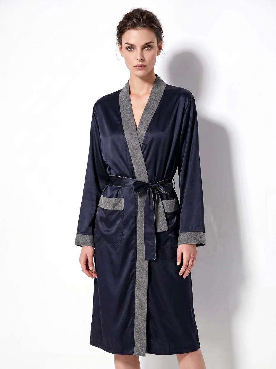 Pure white background full-body front shot of model wearing size L HERA dark blue double-layer bathrobe, showing loose long silhouette, contrast grey trim on lapel, cuffs and pockets, highlighting smooth outer fabric and well-fitted double-layer cut