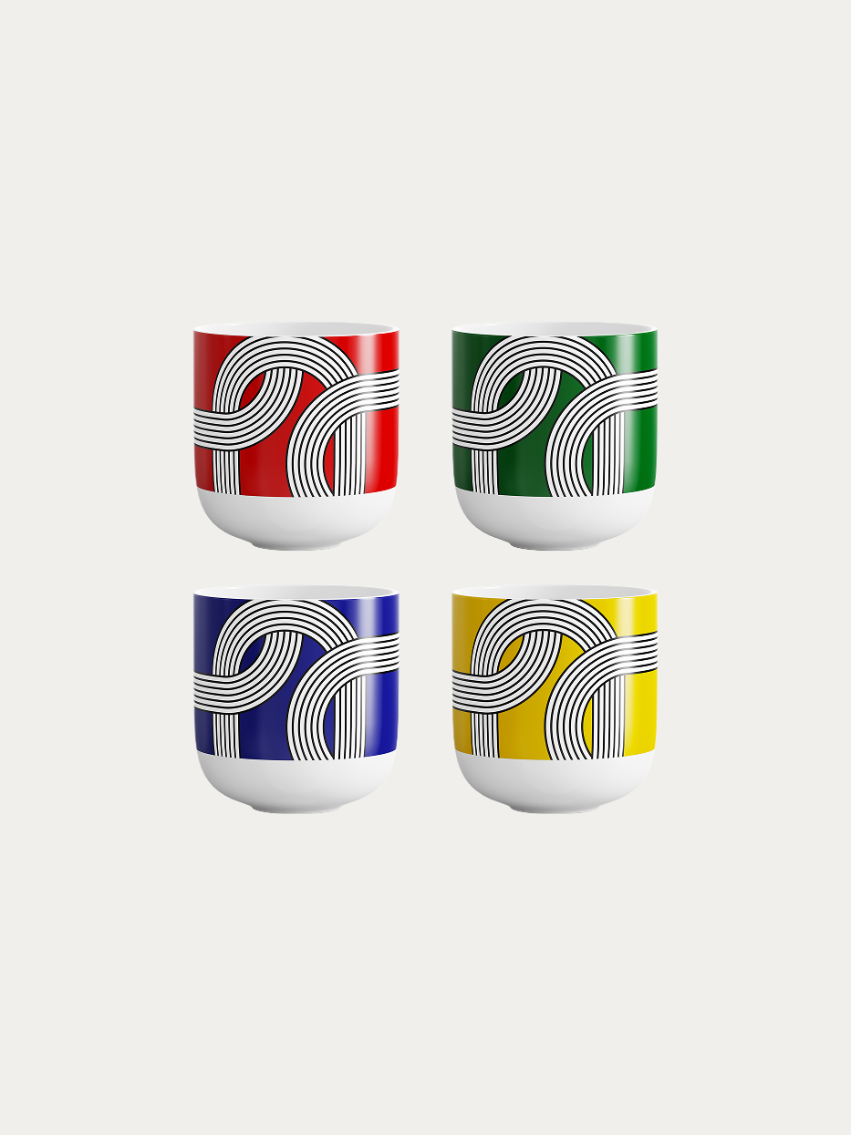 RESONG HOME ALK Ceramic Cup Set, four colorful ceramic cups with interwoven geometric line print, red, green, blue and yellow colorways, official product photo on plain off-white background