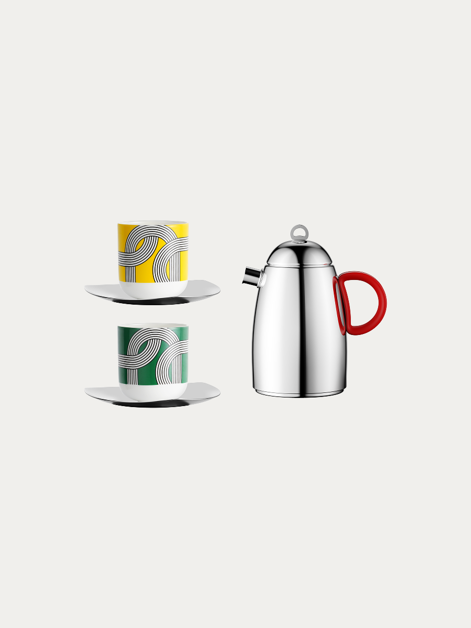RESONG HOME ALK Drinkware Set - A, complete set includes red handle stainless steel pot, yellow geometric patterned cup-saucer and green geometric patterned cup-saucer, official product photo on plain off-white background