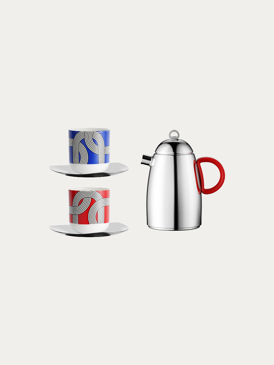 RESONG HOME ALK Drinkware Set - B, complete set includes red handle stainless steel pot, blue geometric patterned cup-saucer and red geometric patterned cup-saucer, official product photo on plain off-white background