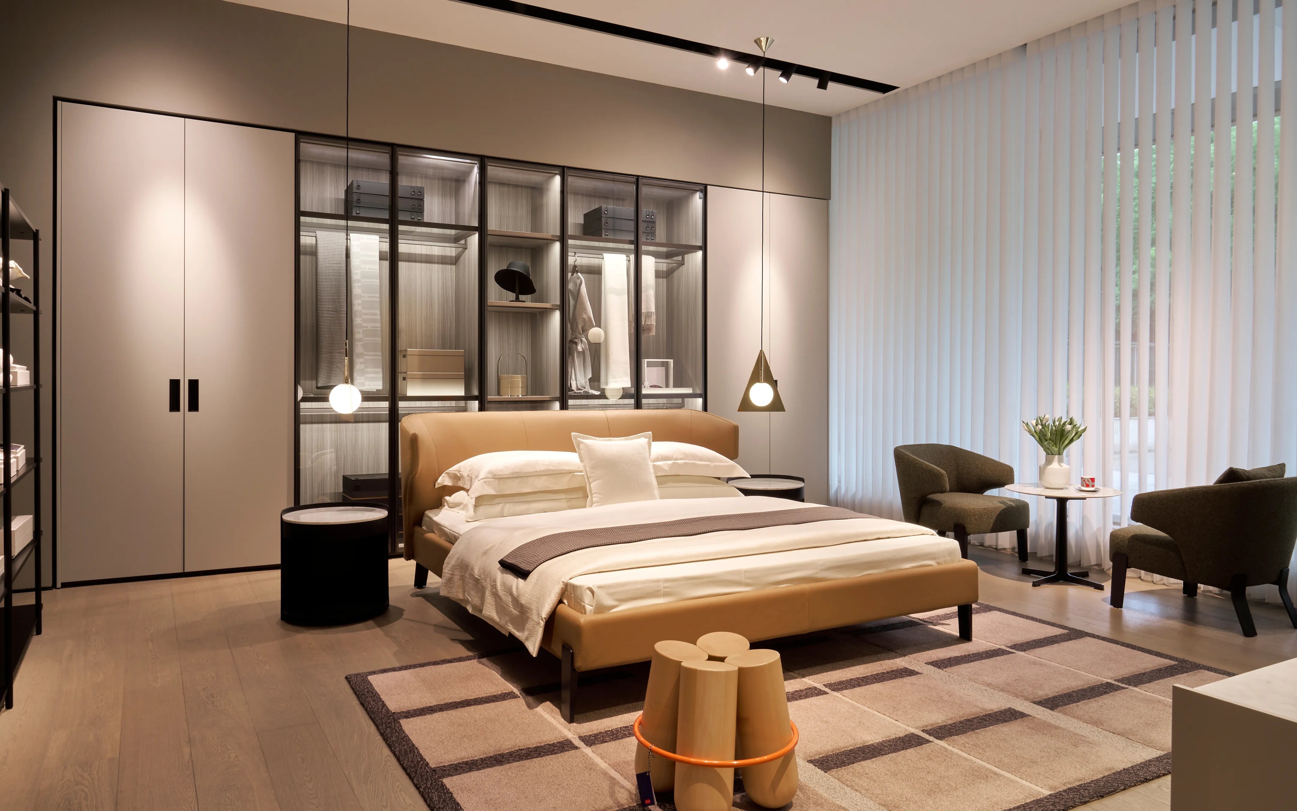 RESONG HOME Vintage Fine Bedding Set - L with LUODI Cashmere Blanket and BERLIN Stripe Cushion (White) in a contemporary luxury bedroom interior.