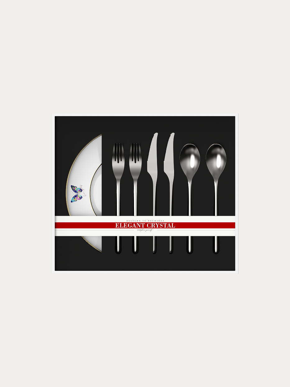 RESONG Butterfly 10-piece western dinner gift set on plain white background, consists of gold-rim butterfly printed high-temp porcelain plates and full 304 stainless steel cutlery, packed in premium black gift box with red label