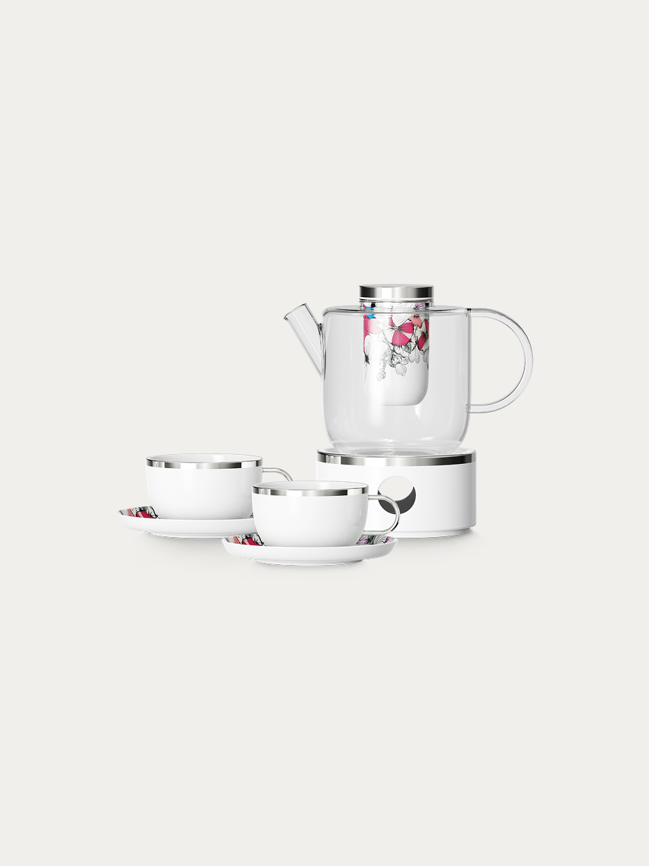 RESONG HOME BUTTERFLY WHISPER Cup & Saucer Set, full tea set includes glass brewing pot, constant temperature base and two silver-rim floral ceramic cup-saucer sets, official product photo on plain off-white background