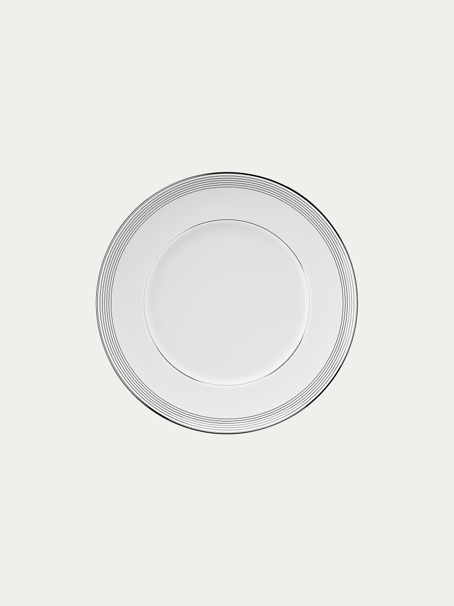 RESONG HOME ERYA Ceramic Flat Plate - L (Black), large dinner flat plate made of high-gloss high-temperature white porcelain, decorated with multi-layer gradient thin silver-black concentric lines and thin silver outer rim, official product photo on plain off-white background