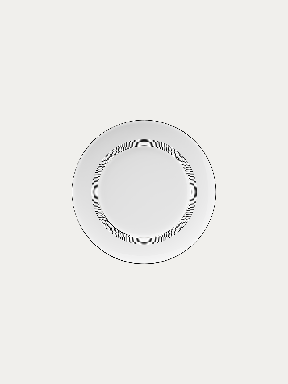 RESONG HOME ERYA Ceramic Flat Plate - M (Black), medium-sized round plate crafted from glossy high-temperature white porcelain, decorated with double gradient thin black-silver concentric lines and thin silver rim, ideal for desserts and appetizers, official product photo on plain off-white background