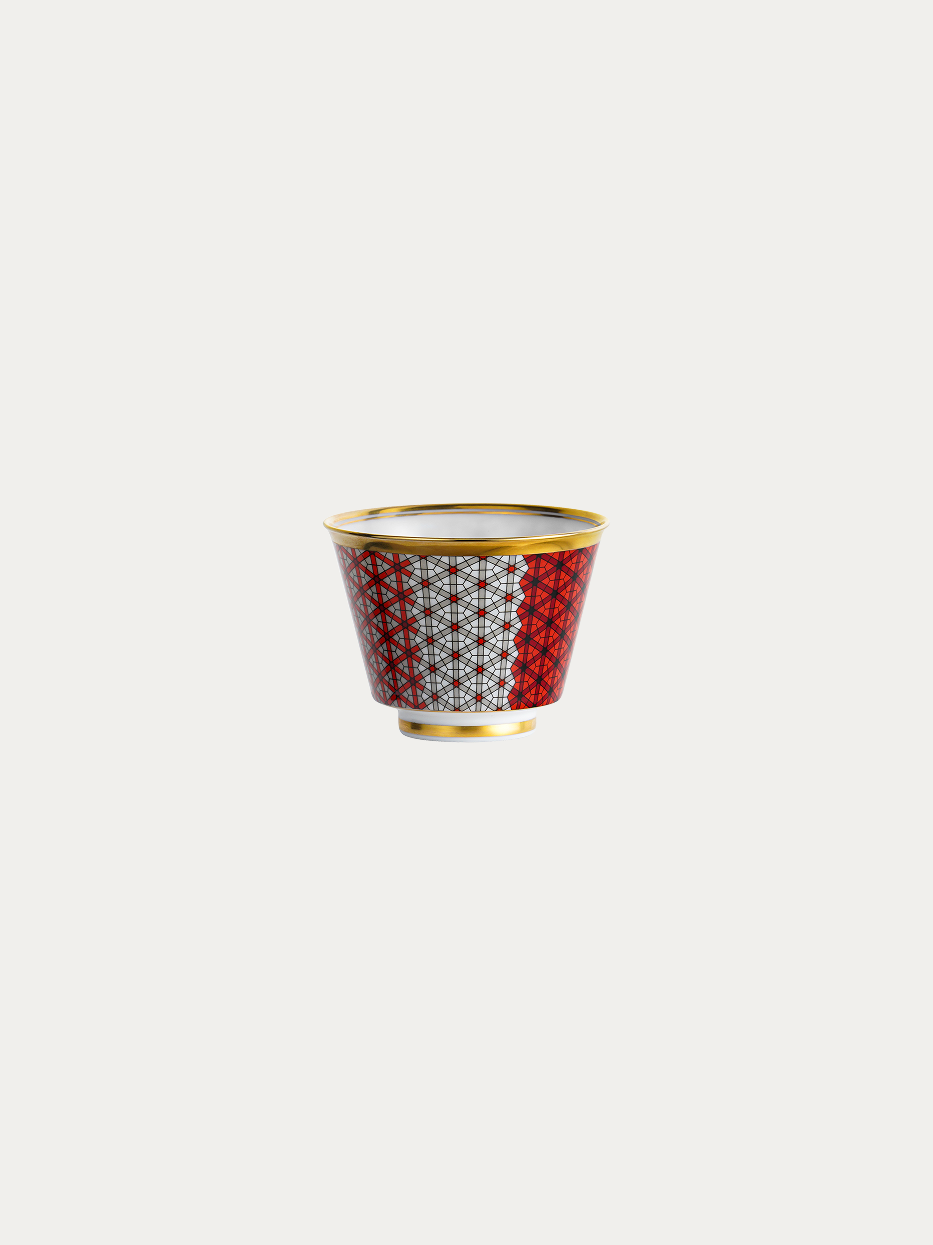 RESONG HOME GUOYUE Ceramic Cup (Gradient), single bone china cup with red-white gradient grid geometric pattern, double gold trim on rim and base, official product photo on plain off-white background