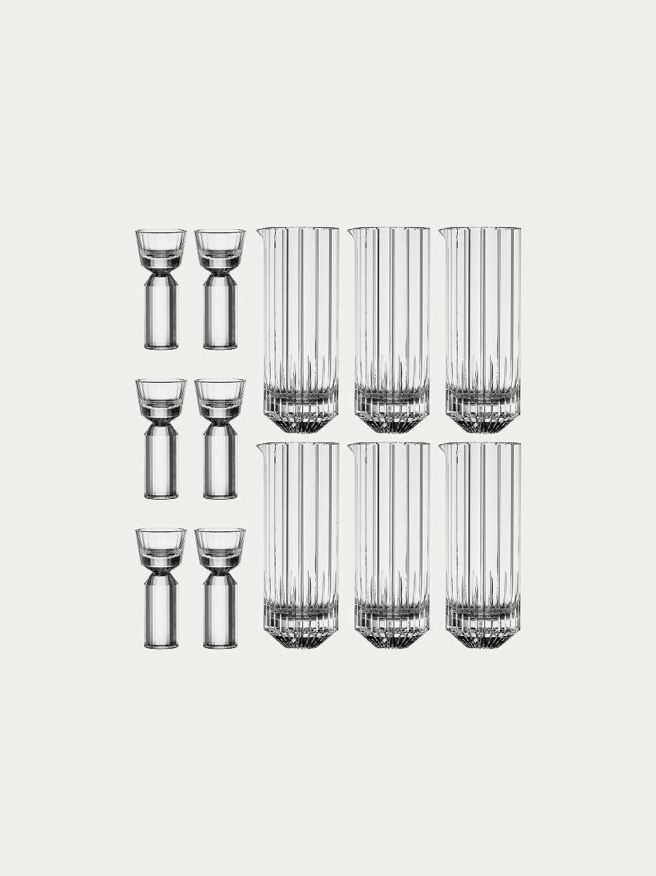 RESONG HOME HUAZUN Baijiu Set (6 Glasses & 6 Decanters), full set of 6 vertical hand-cut crystal liquor pitchers and 6 faceted dual-body shot glasses, neatly arranged official product photo on plain off-white background