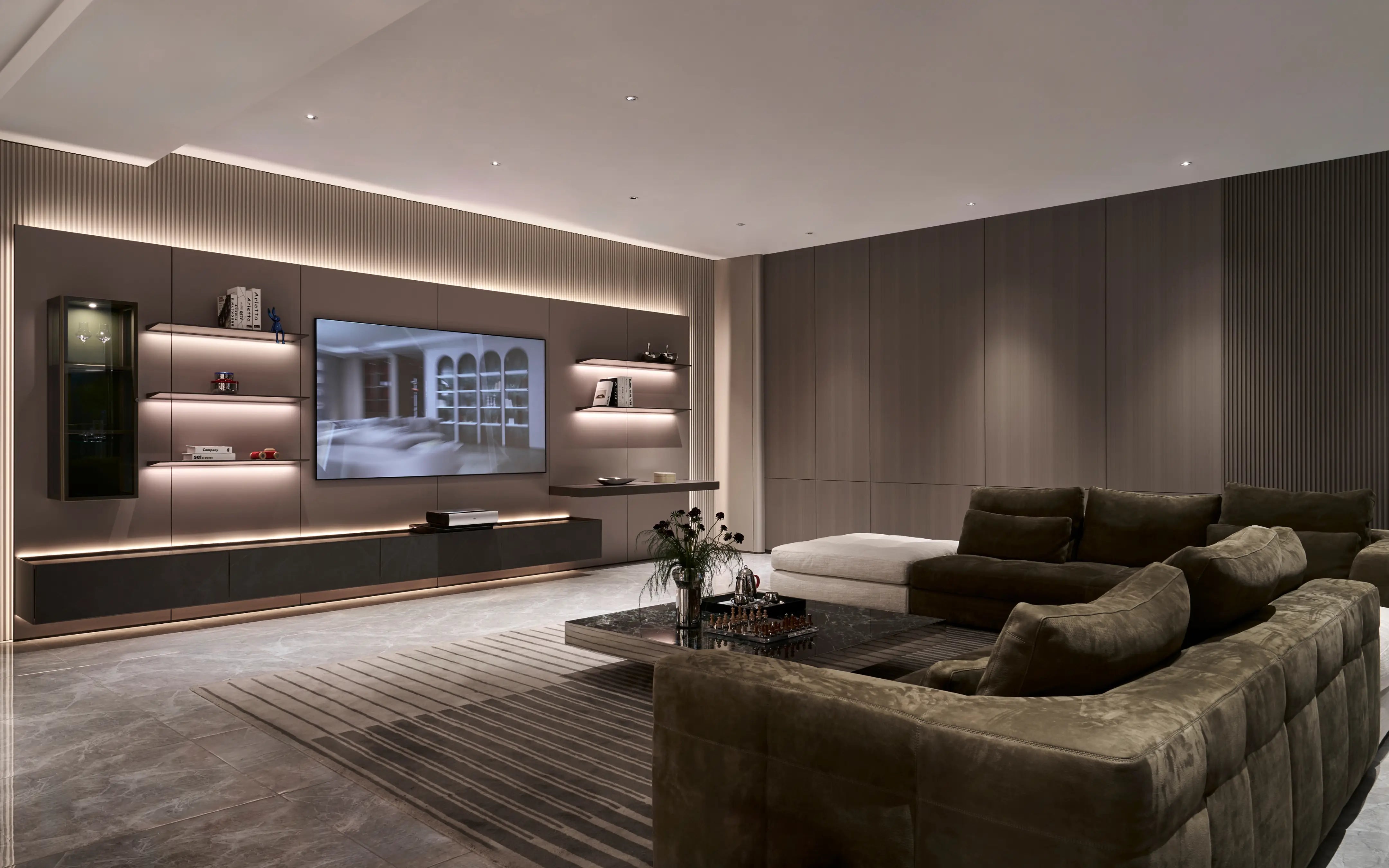 Modern luxury living room styled with RESONG HOME SHEDI Double-Wall Vase, DRAGONFLY lacquer storage collection, HD Stainless Steel fruit bowl, and SHEDI decorative objects, creating a refined contemporary home interior.
