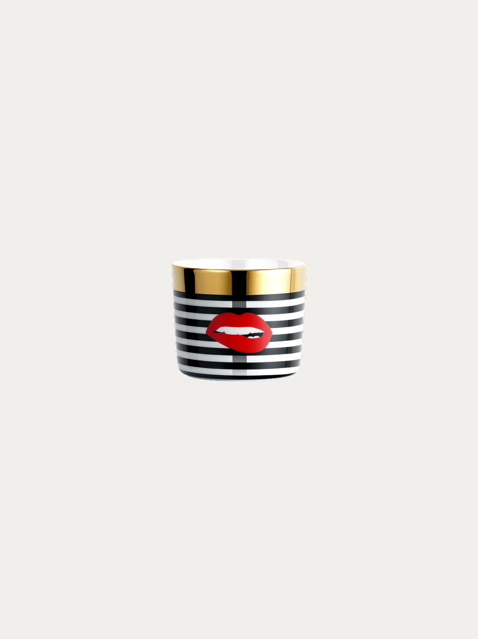 RESONG HOME POP Art Ceramic Cup (Red Lips), single straight high-temperature jade bone porcelain cup with black-and-white horizontal stripes and red lips print, adopt seamless facade decal craft, wide gold gilded rim, official product photo on plain off-white background