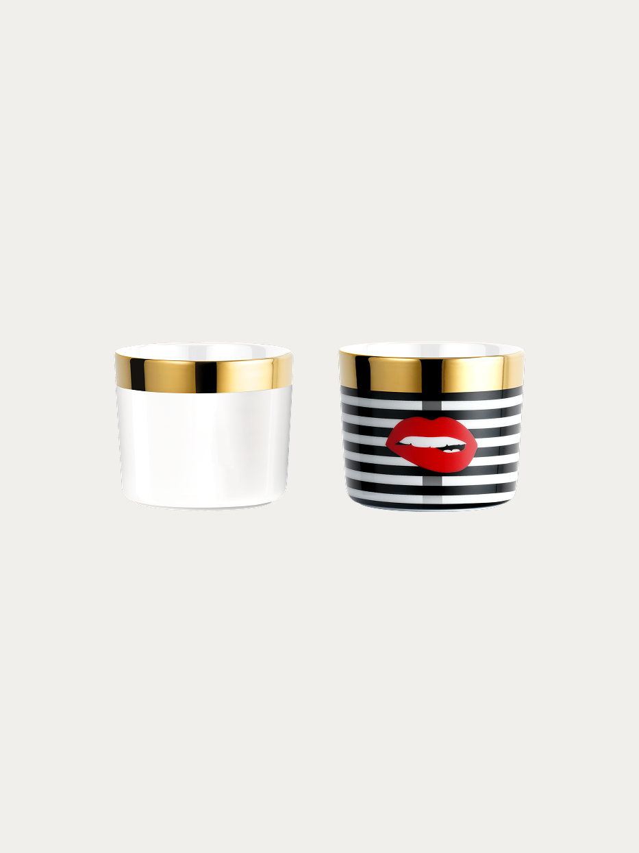 RESONG HOME POP Art Ceramic Cup Set (Silk White/ Red Lips), two-piece matching set including solid silk white cup and black-white stripe red lips cup, high-temperature jade porcelain with seamless facade decal craft, wide gold gilded rim, official product photo on plain off-white background