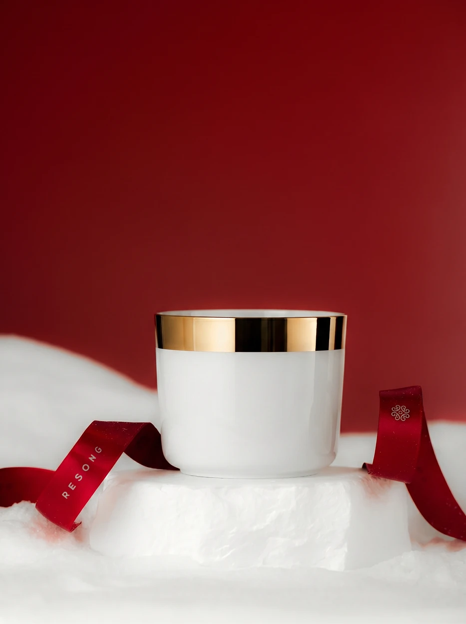 Festive gift still life of POP Art Silk White gold-rim cup placed on artificial snow stone block, branded red ribbon and solid deep red backdrop for holiday display
