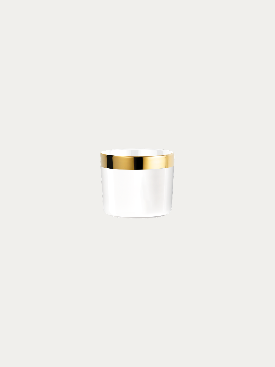 RESONG HOME POP Art Ceramic Cup (Silk White), single straight high-temperature jade bone porcelain cup with solid silk white glaze, adopt seamless facade decal craft, wide gold gilded rim, official product photo on plain off-white background
