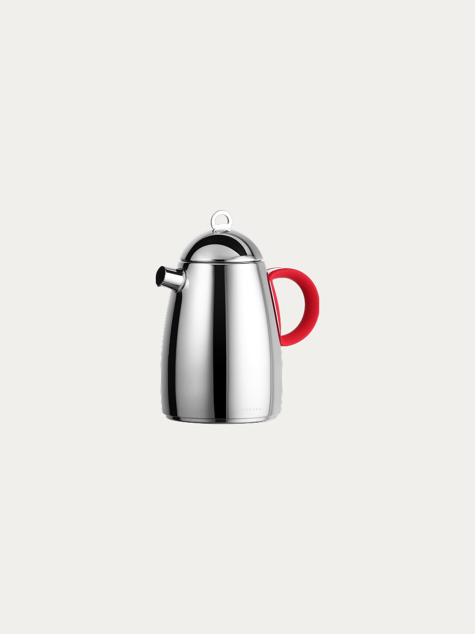 RESONG HOME SHEDI Red Handle Teapot - L, large capacity tapered teapot with mirror polished 304 stainless steel body, matte food-grade silicone red handle, lid with ring pull, official product photo on plain off-white background