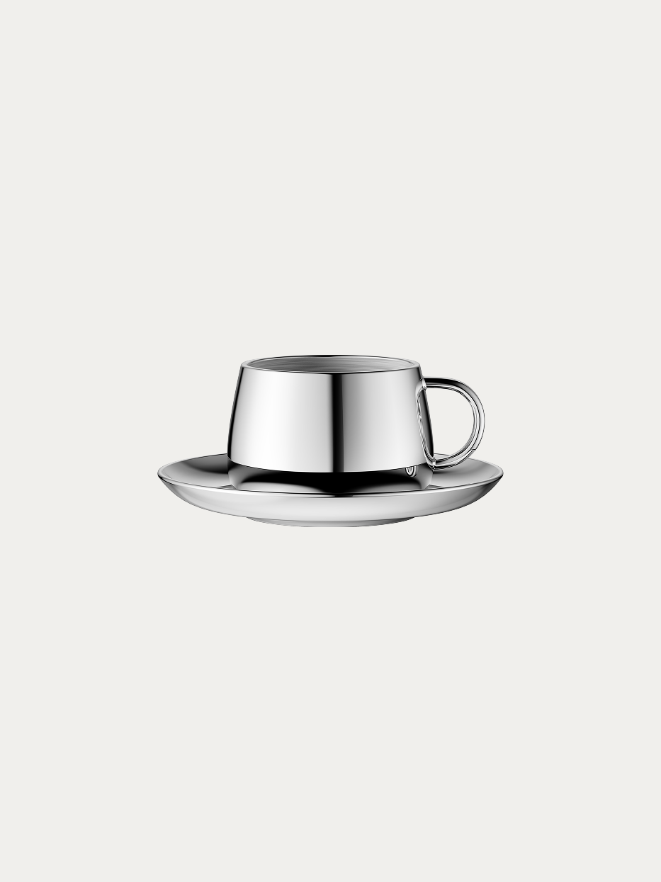 RESONG HOME SHEDI Cup & Saucer - S, double-wall insulated coffee cup set made of mirror polished 304 stainless steel, matching round saucer, tapered cup body with ring handle, official product photo on plain off-white background