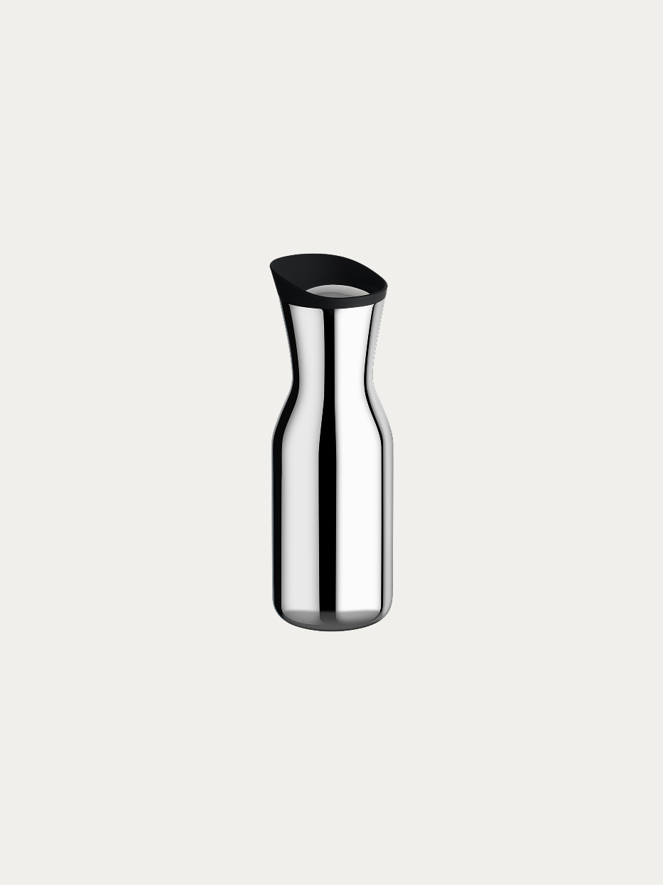 RESONG HOME SHEDI Water Carafe, slim waist carafe crafted from mirror polished 304 stainless steel, food-grade silicone anti-spill spout lid, official product photo on plain off-white background
