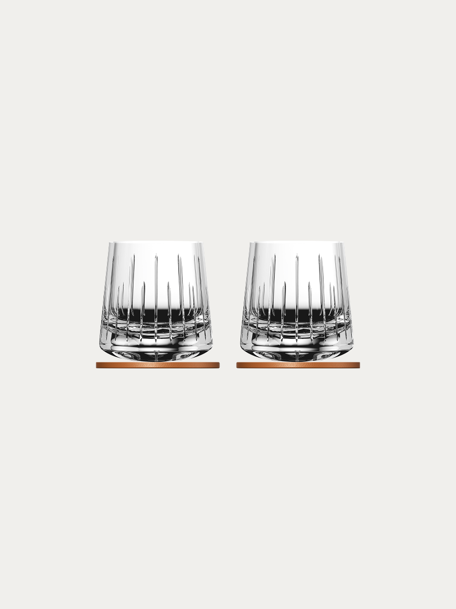 RESONG TRIUMPH Whiskey Glass (Pair), hand vertical fluted crystal old fashioned tumblers set of 2 with matching leather coasters, plain off-white background product shot