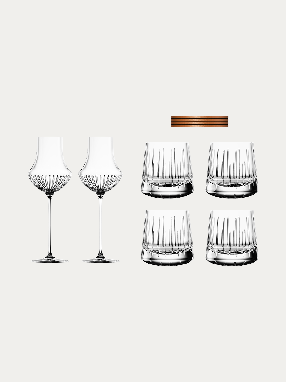 RESONG TRIUMPH Whiskey Set-M full product shot on white background, includes 2 carved stem wine glasses, 4 vertical fluted old fashioned tumblers and leather coasters