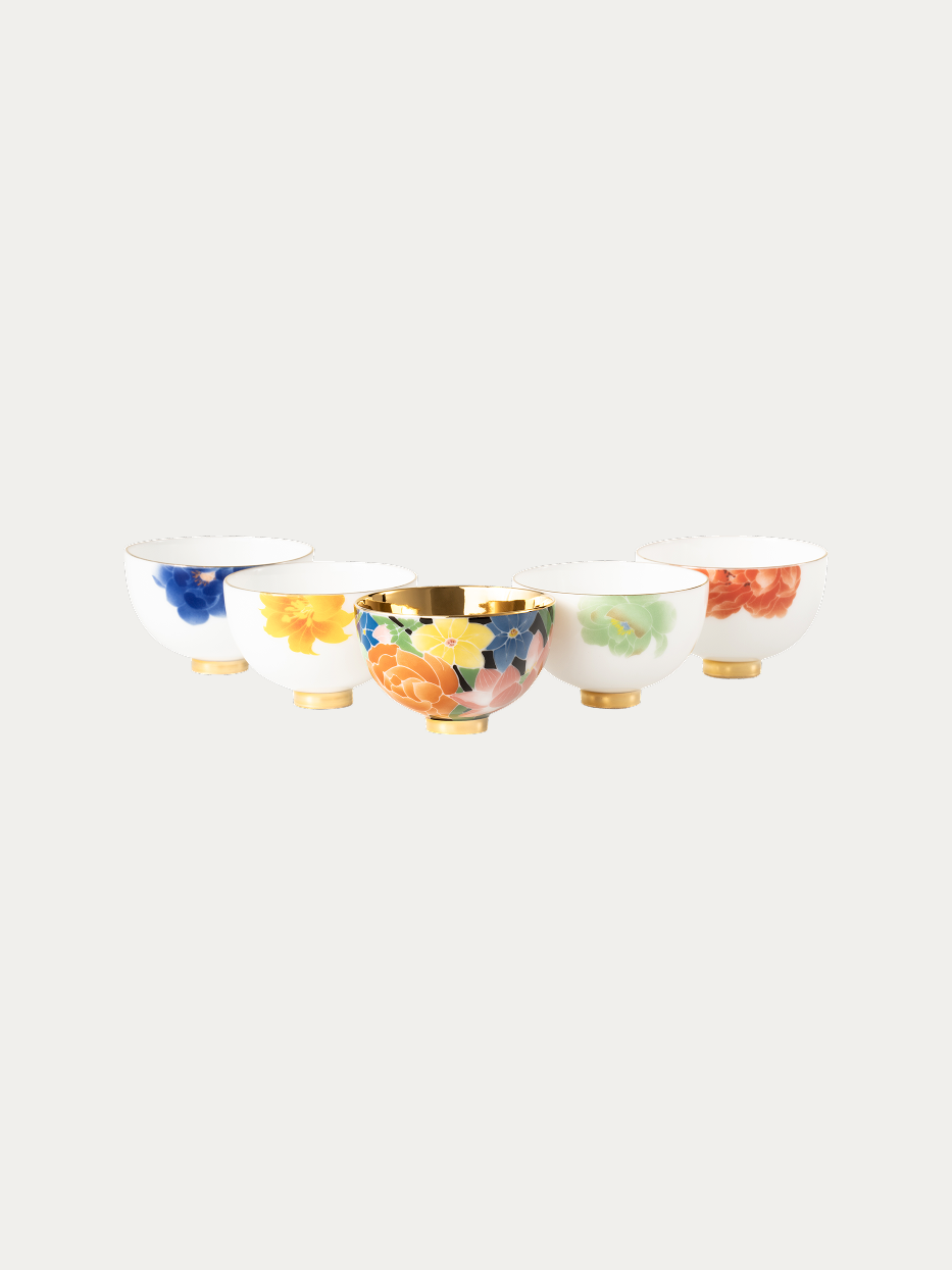 RESONG HOME UNDERGLAZE MULTICOLORED Ceramic Cup Set, five-piece tea cup set with hand-painted floral patterns, high-temperature jade porcelain with inner gold gilding, adopt hand-drawn underglaze multicolour craft, official product photo on plain off-white background