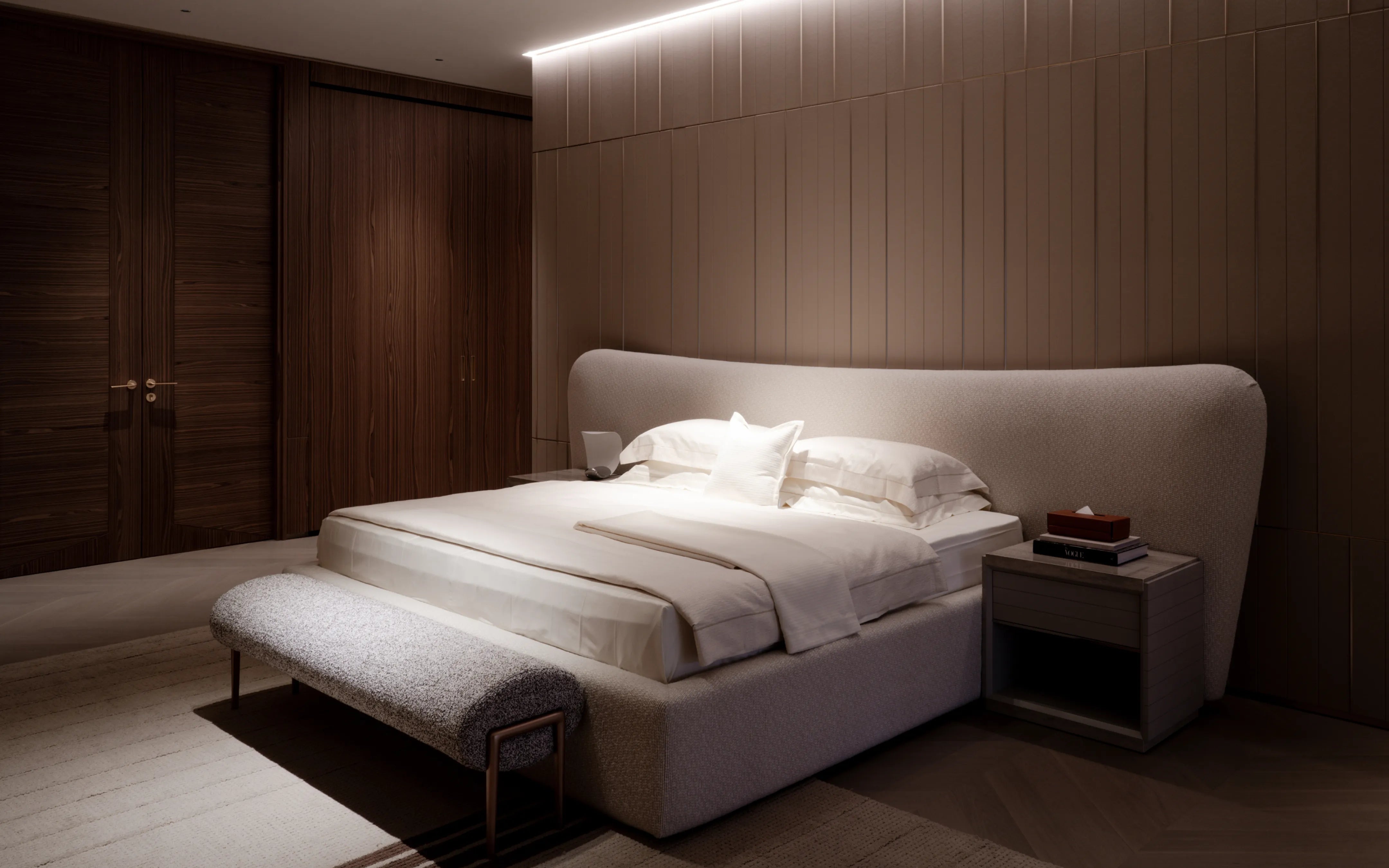 RESONG HOME Vintage Fine Bedding Set - L styled with BERLIN Stripe Blanket (White) in a modern luxury bedroom featuring upholstered bed, warm wood paneling and ambient lighting.