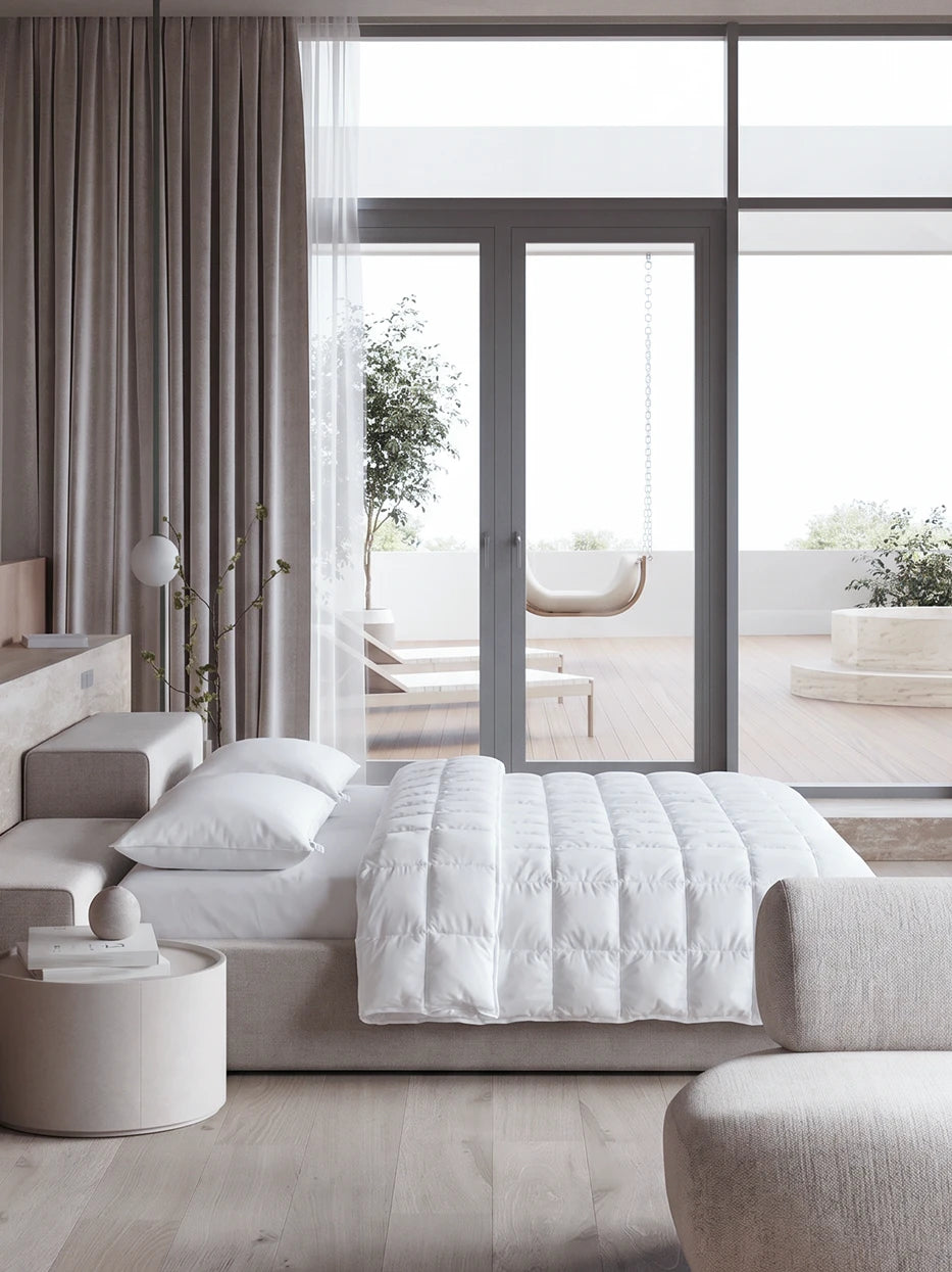 Wabi terrace bedroom furnishing full view shot of ICELAND white M-size summer down duvet beside floor-to-ceiling sliding glass door