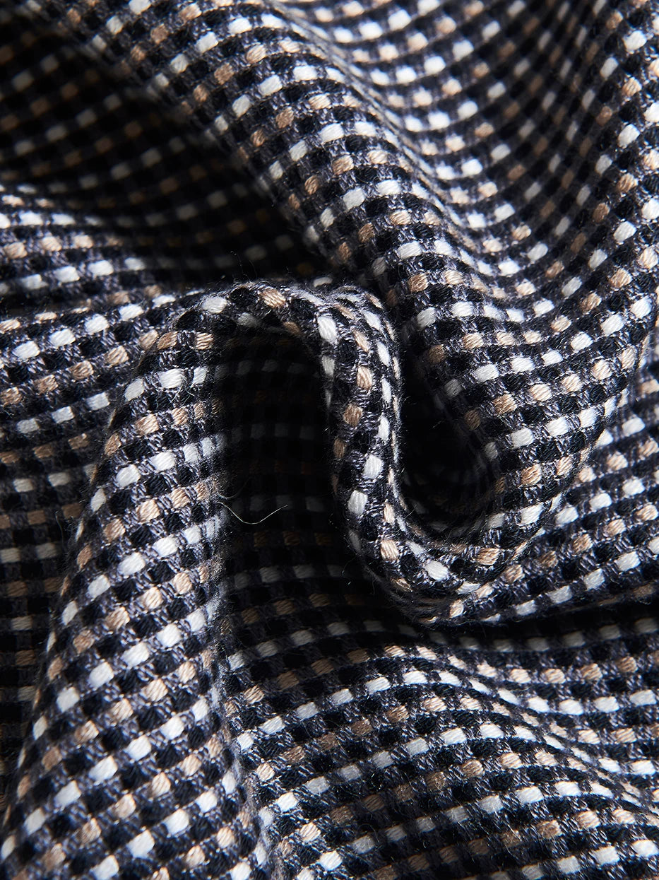 Macro close-up texture shot of LUODI retro tiny check cashmere lumbar pillow cover, clearly shows three-color interwoven fine check knit texture, delicate wool blend yarn with soft matte luster, fully presents tight delicate fabric grain, professional texture display for high-end home textile lumbar cushion products