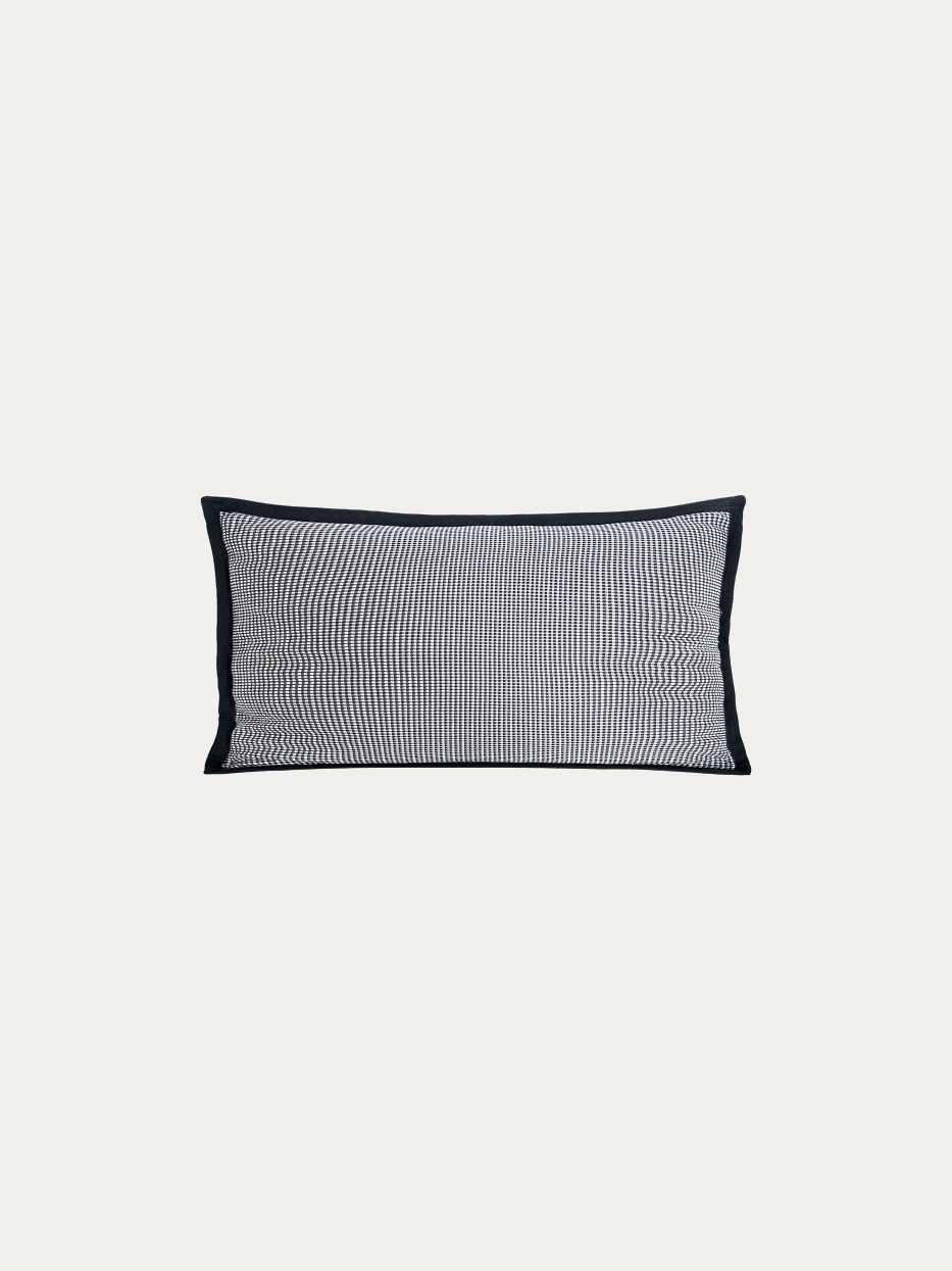 Official flat lay product shot of LUODI black white check cashmere lumbar pillow on pure off-white background, long lumbar size 300x500 cushion with delicate tiny check woven texture, full black contrast finished edge, cover blended fabric of 20% wool and 80% viscose, filled with 100% natural goose down slices, silky soft multi-purpose lumbar decorative cushion, ideal for sofa, bed head, window bench, lounge chair, waist support, fits modern light luxury, retro, minimalist, dark tone interior decor