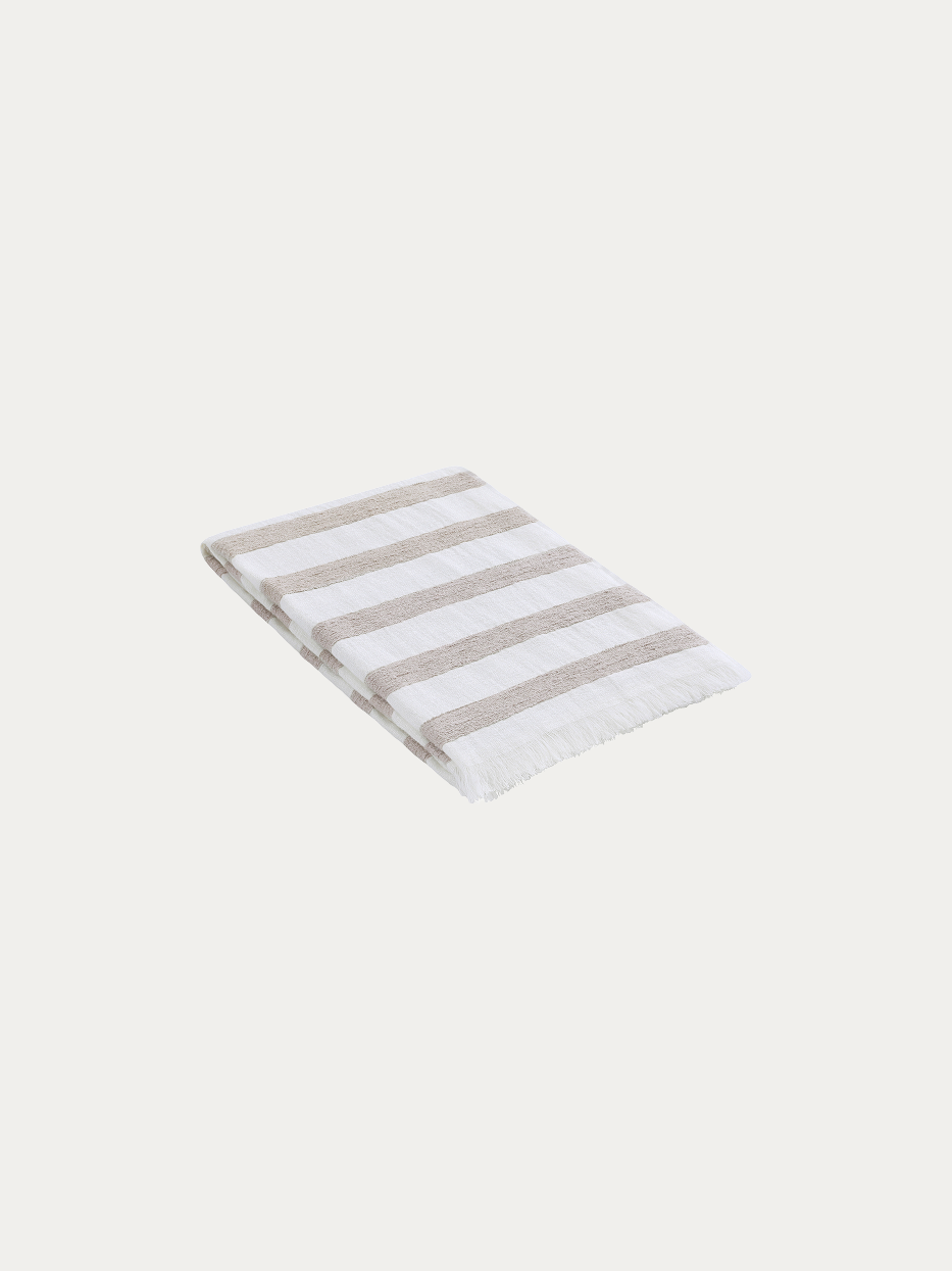 Official flat lay product shot of MUJIE Khaki Linen Blanket on pure off-white background, oversized throw blanket with horizontal beige textured stripes, natural handmade tassel fringes on four edges, blended fabric of 64% linen, 5% wool, 18% acrylic and 13% polyester, breathable warm multi-purpose decorative cover, ideal for sofa, bed end, window seat, office nap, beach wrap, suits wabi-sabi, Nordic, minimalist, cream and mid-century home decor