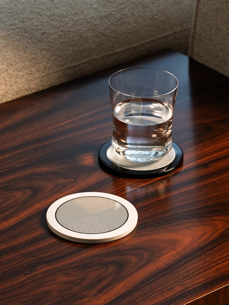 RESONG OPTICAL ART Round Coaster White, luxury lacquer coaster featuring geometric optical art pattern, designed for modern coffee tables, dining spaces, and sophisticated home interiors