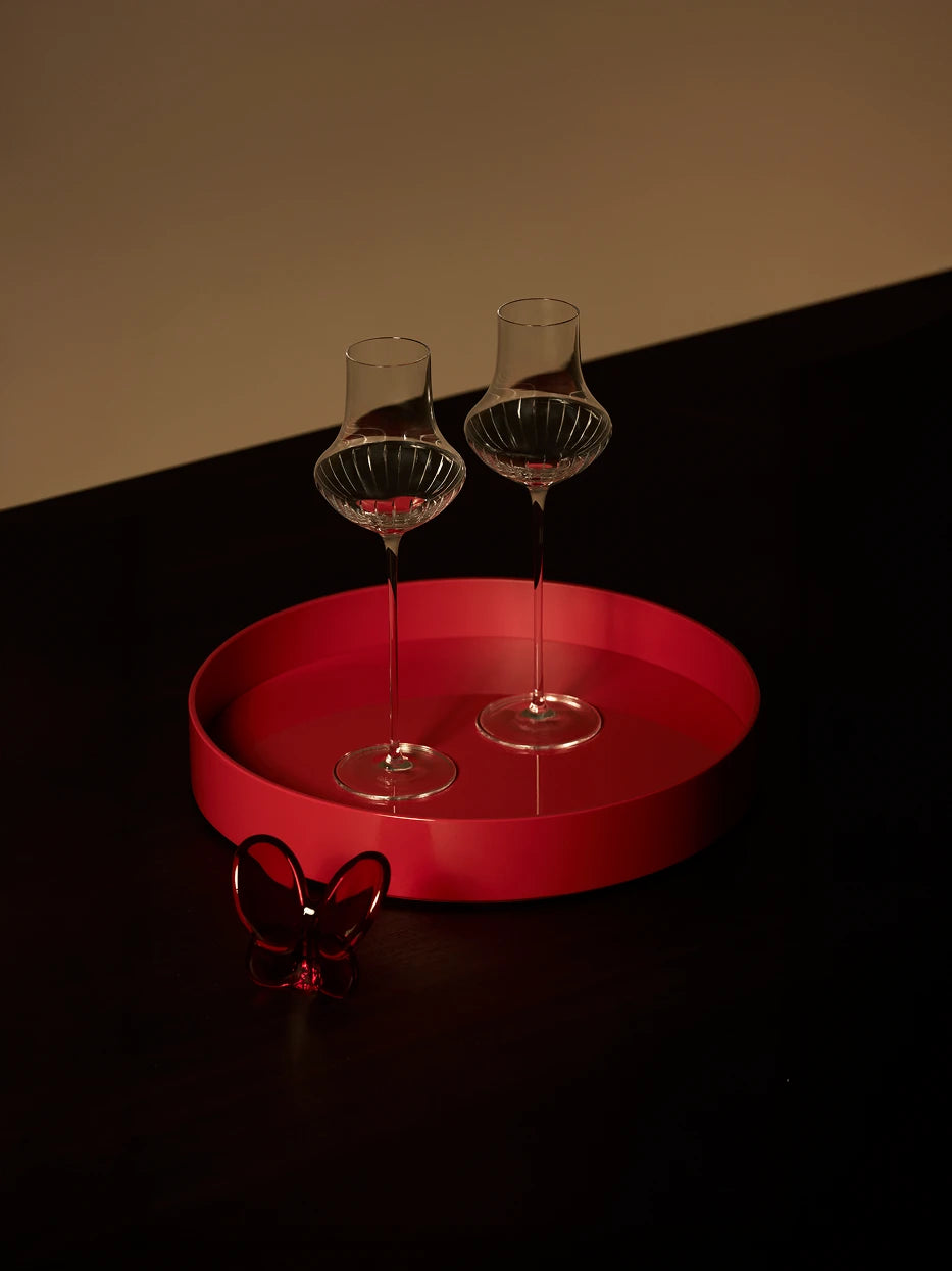 Italian retro living room layout shot of red medium round tray with stainless steel moka pot, matched with red cubic vase & fresh flowers on grey-white marble coffee table