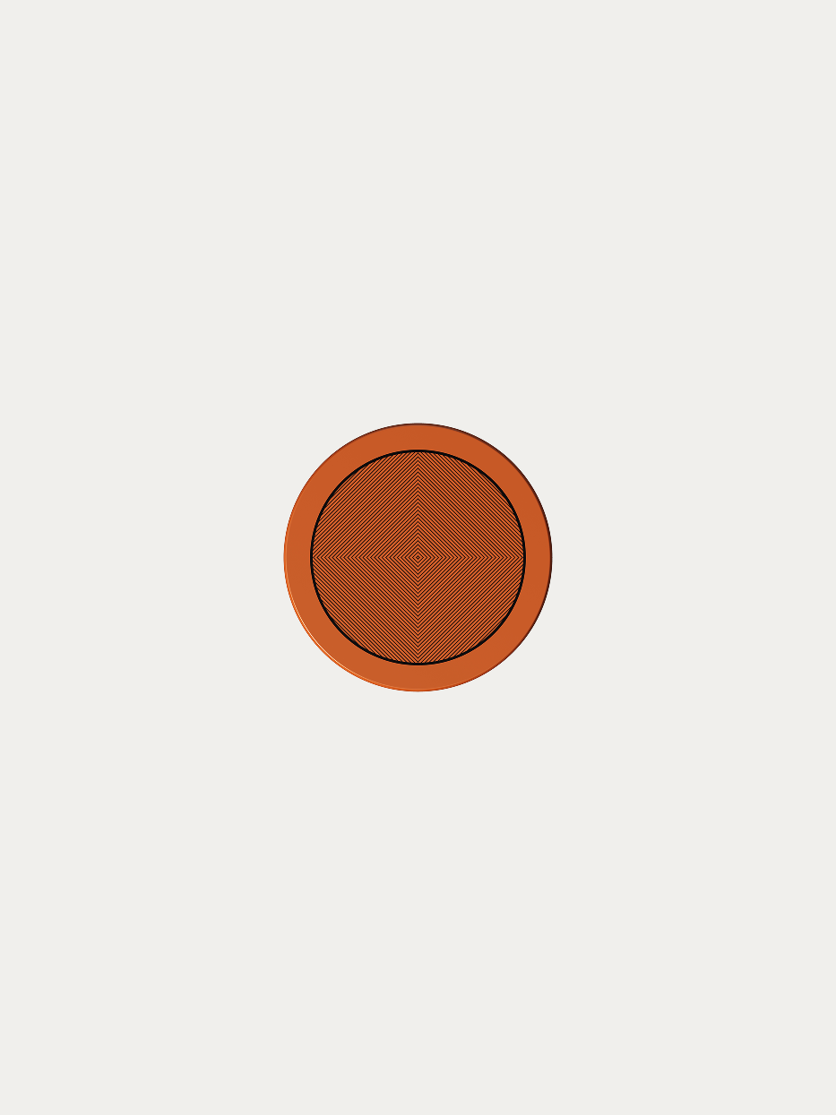 RESONG OPTICAL ART Orange Round Coaster official shot on plain off-white background, round monolithic synthetic resin coaster with glossy warm orange outer rim, symmetrical herringbone fine texture inside, minimalist geometric heat-insulating coaster