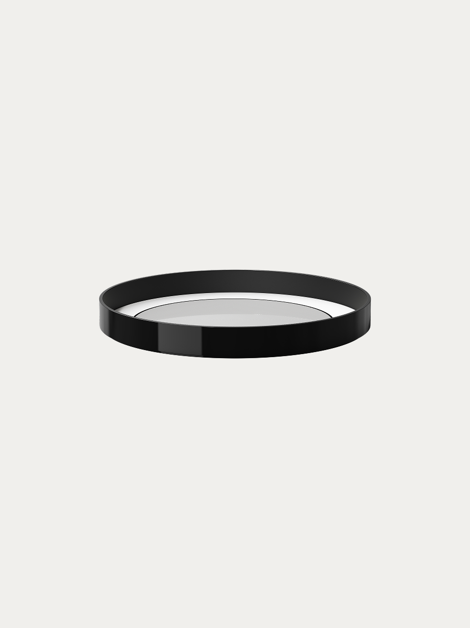 RESONG OPTICAL ART Large Black Round Tray official shot on plain off-white background, wide integrated shallow round basin, glossy black outer rim, symmetrical herringbone anti-slip texture on inner base, large-capacity minimalist luxury storage tray