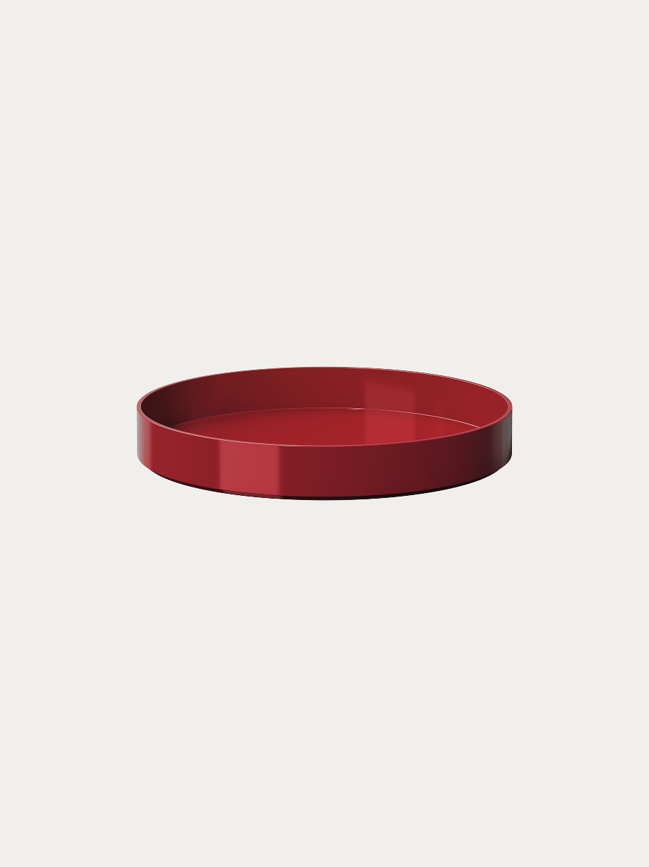 RESONG OPTICAL ART Medium Red Round Tray official shot on plain off-white background, integrated shallow round basin shape, full glossy solid red lacquer finish, low rim minimalist luxury storage tray