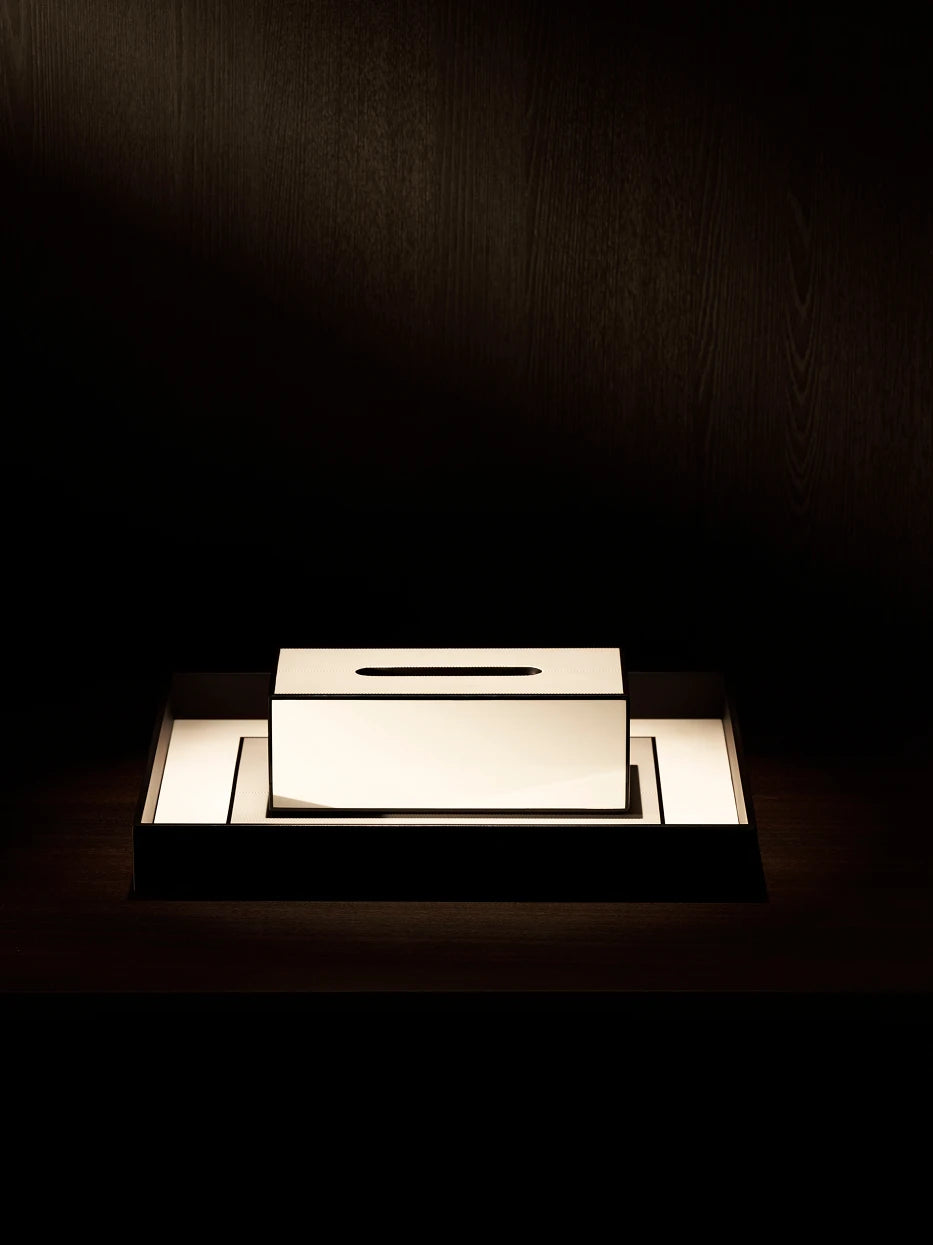 Warm tone minimalist furnishing shot of single OPTICAL ART tissue box placed inside large black round tray on dark wood grain table