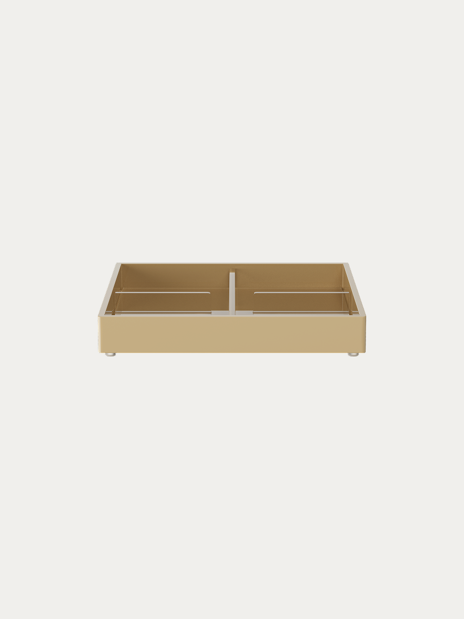 Official product shot of PAIS khaki four-compartment rectangular storage tray on pure off-white background, low open rectangular tray with soft khaki high-gloss resin lacquer, integrated inner dividers dividing four independent storage zones, minimalist geometric desktop sorting tray
