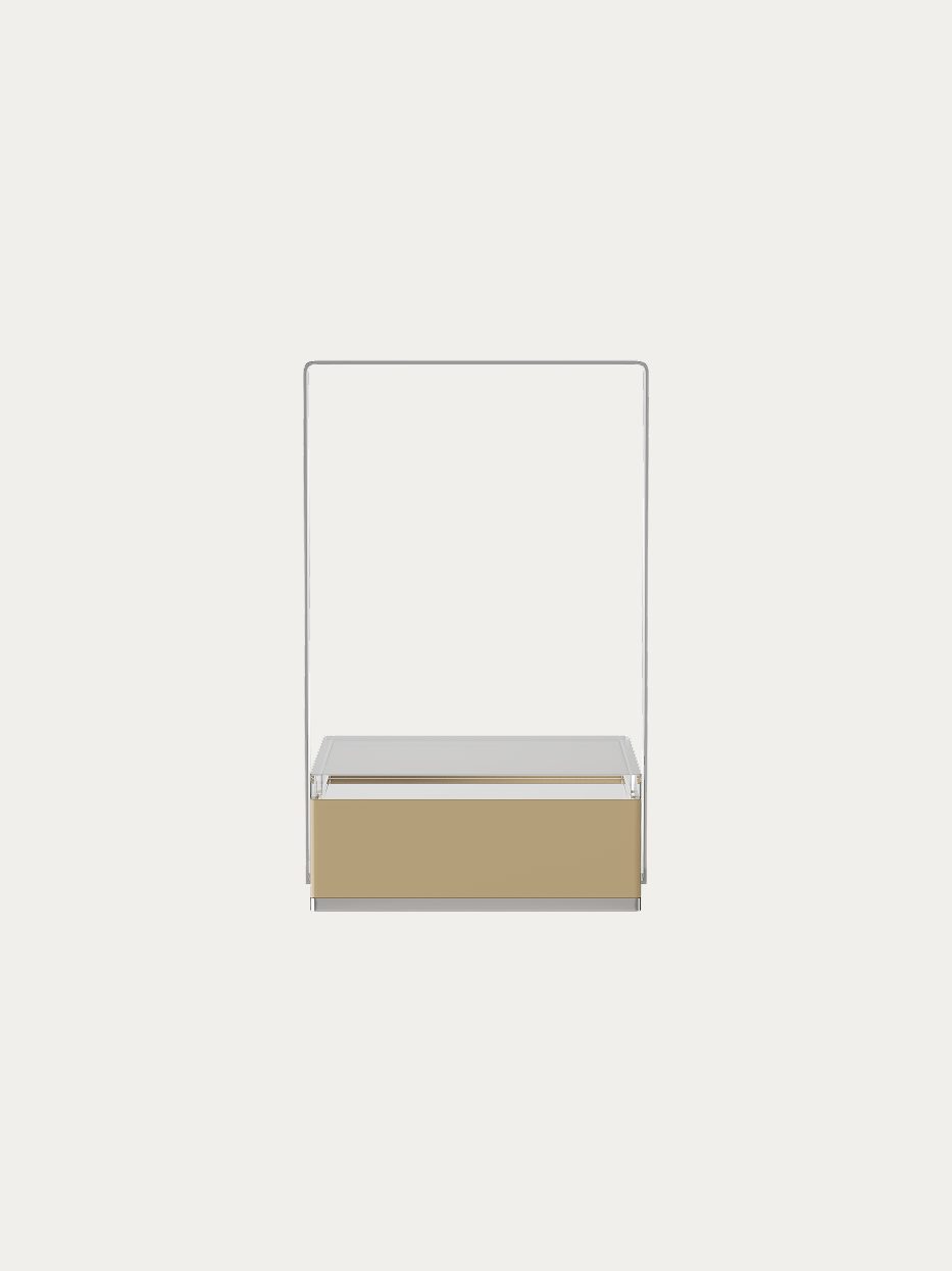 PAIS small square carry basket official shot on off-white background, short square base with soft khaki lacquer lower shell, integrated U-shaped mirror stainless steel handle frame, clear transparent acrylic open storage inner tray
