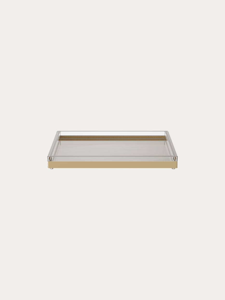 Official product shot of PAIS khaki square tray on pure off-white background, square shallow base with soft khaki high-gloss resin border, surrounded by thick high-transparency acrylic fence, integrated minimalist geometric display storage tray