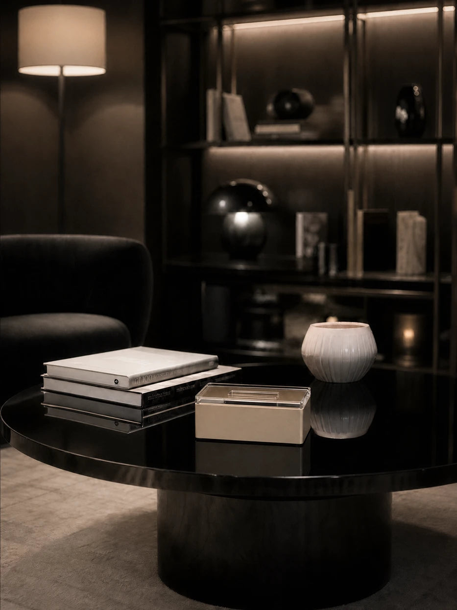Dark tone light luxury living room furnishing shot of khaki PAIS tissue box on black reflective round glass coffee table