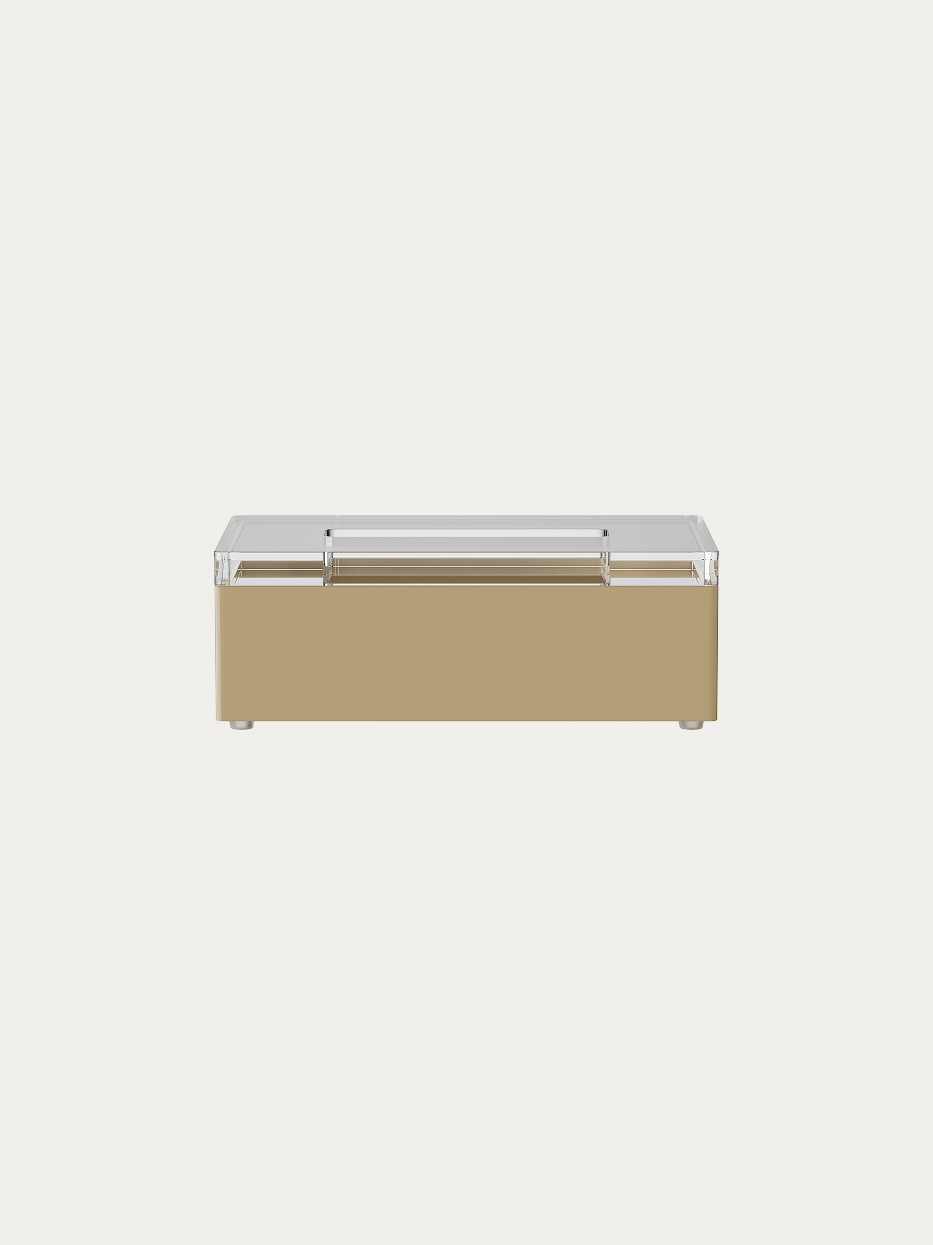 Official product shot of PAIS khaki rectangular tissue box on pure off-white background, low long square shell with soft khaki delicate high-gloss resin lacquer, whole piece high-transparency acrylic top cover with integrated long tissue extraction slot, minimalist geometric light luxury desktop tissue storage box