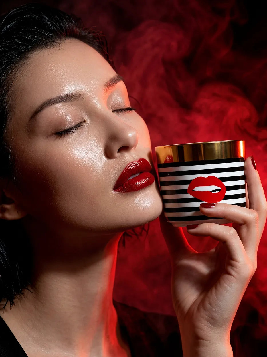POP Art Ceramic Cup, Red Lips pattern mug with gold rim, black white stripe creative art drinking cup