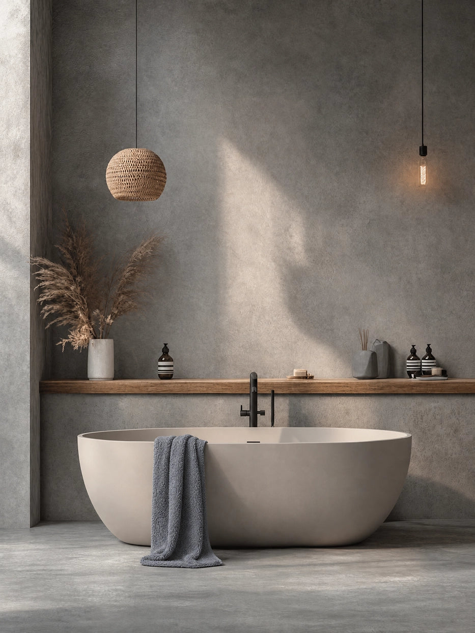 Wabi-sabi micro-concrete bathroom scene shot with oval bathtub, gray R Collection cotton bath towel draped over bathtub edge, matched with wooden counter and dried flower decor, soft light creates calm neutral bathroom vibe, shows interior display matching effect
