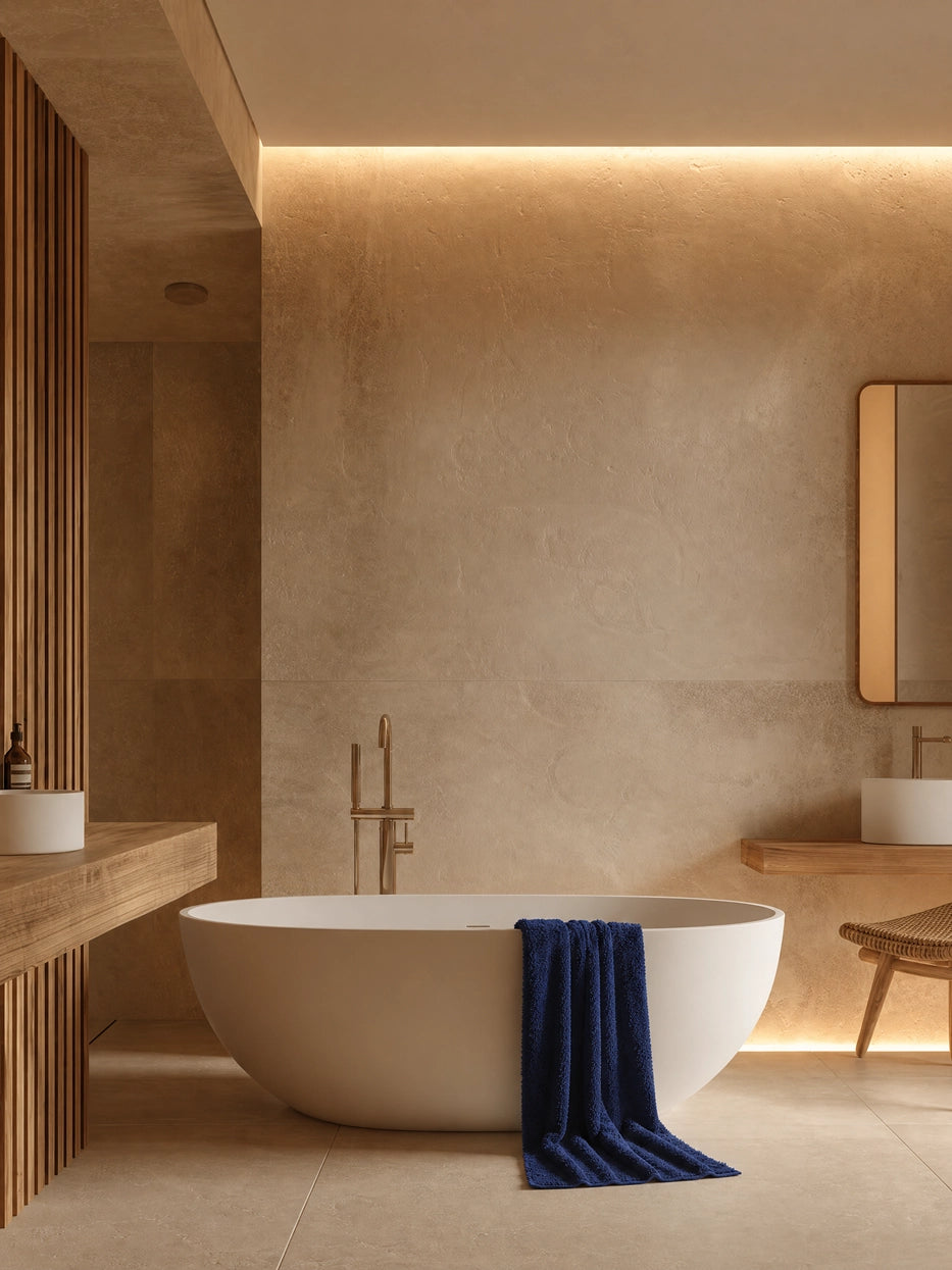 Wabi-sabi micro-cement warm wood bathroom scene shot with oval bathtub, navy blue R Collection cotton bath towel draped over bathtub edge, matched with wooden counter and linear ambient light, balanced cold & warm tone creates calm premium neutral bathroom vibe, shows interior display matching effect