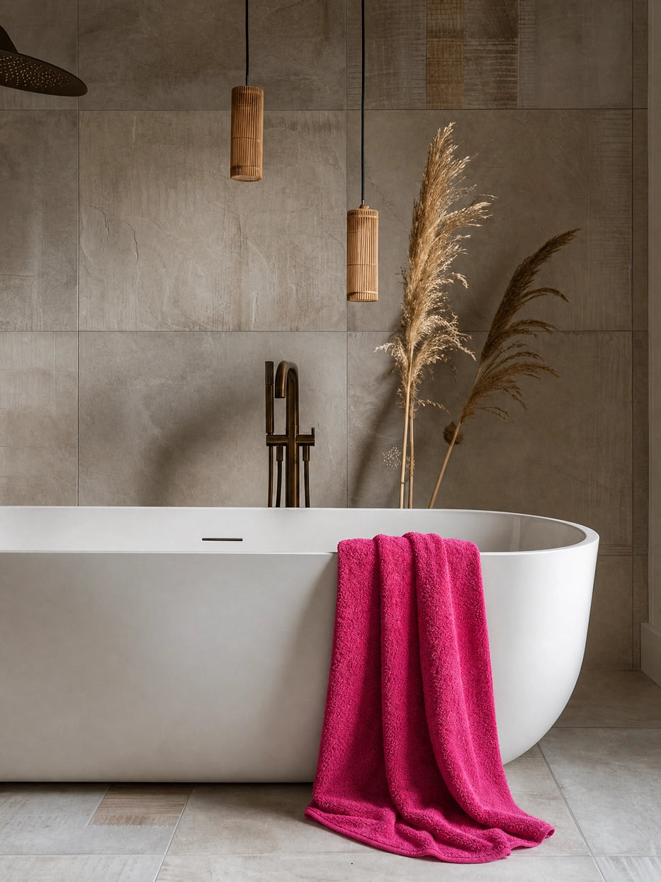 Wabi-sabi wood style bathroom scene shot with oval bathtub on beige tile, rose red R Collection cotton bath towel draped over bathtub edge, matched with rattan pendant lamp & dried reed decor, cold and warm color collision creates vibrant healing bathroom atmosphere, shows interior display matching effect
